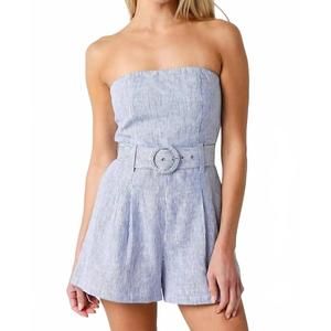 NEW OLIVACEOUS off shoulder stripe romper in chambray blue